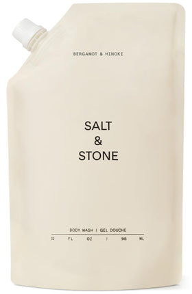 Gel douche Salt & Stone 32 fl oz vue avant avec étiquette bergamote et hinoki