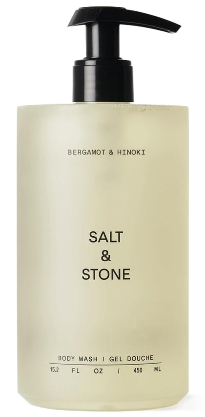 Gel douche Salt & Stone 580g vue avant avec étiquette bergamote et hinoki