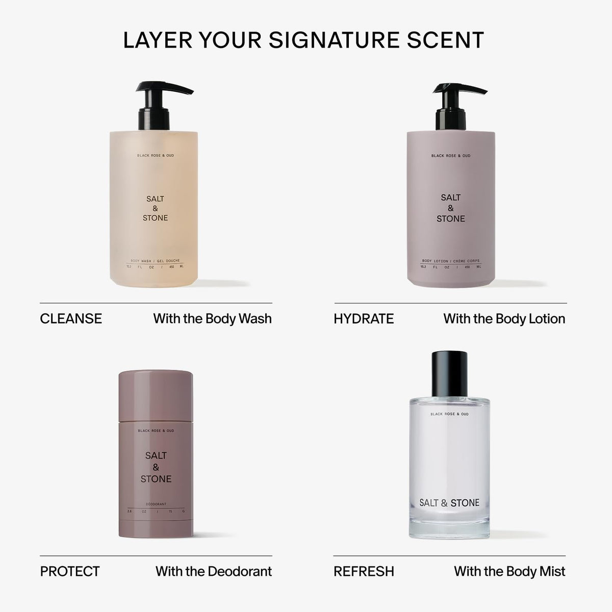 Gel douche Salt & Stone sur un fond de salle de bain moderne
