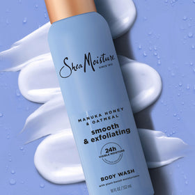 Gel Douche SheaMoisture Manuka Honey & Avoine 581g sur une surface en bois