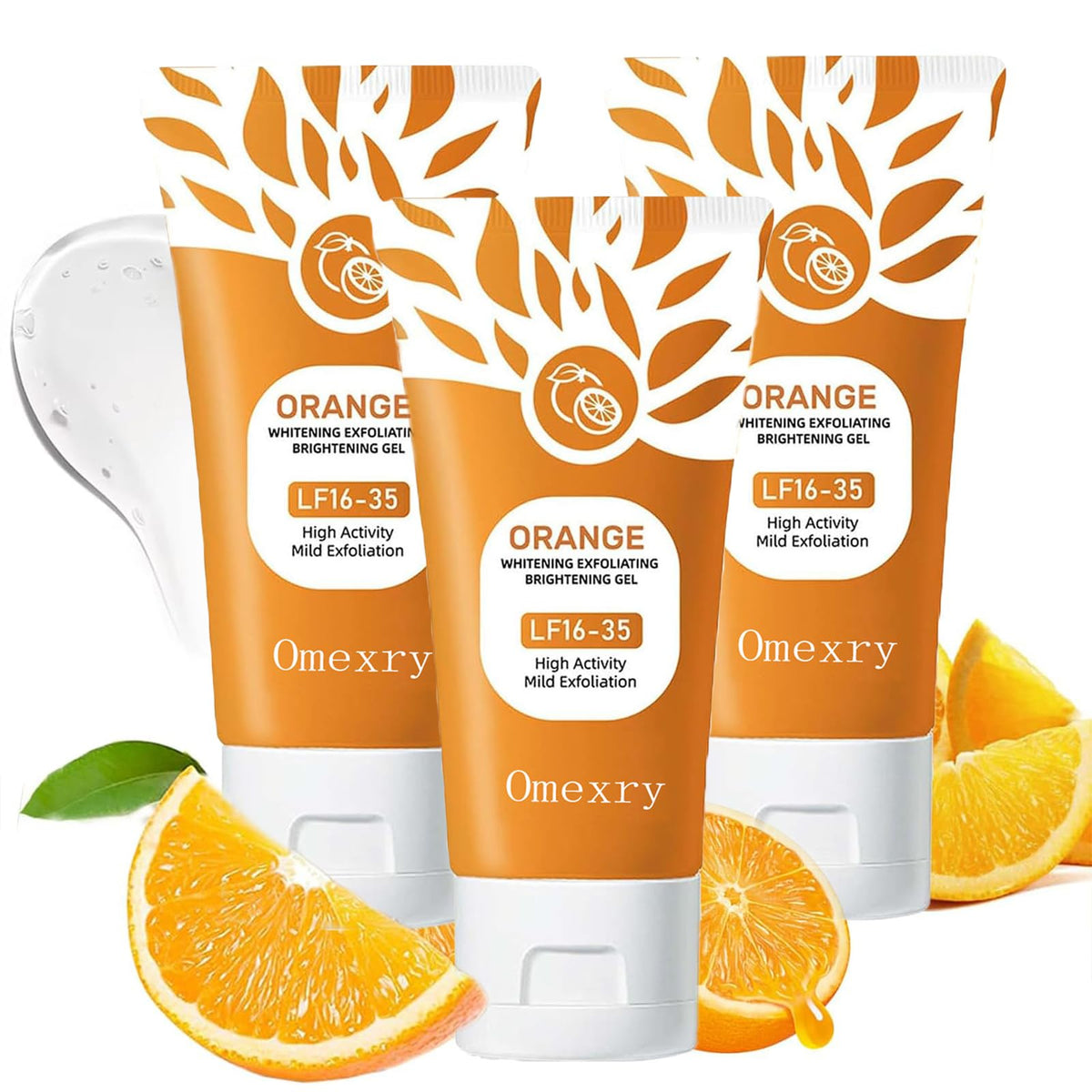 Gel exfoliant orange Omexry 390g, vue de face avec emballage
