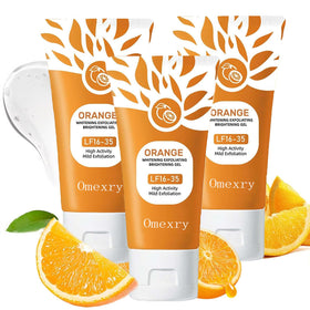 Gel exfoliant orange Omexry 390g, vue de face avec emballage