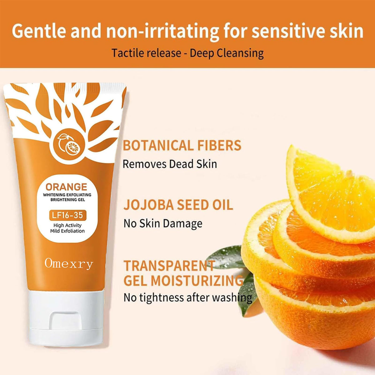 Gel exfoliant orange Omexry 390g, vue latérale avec détails