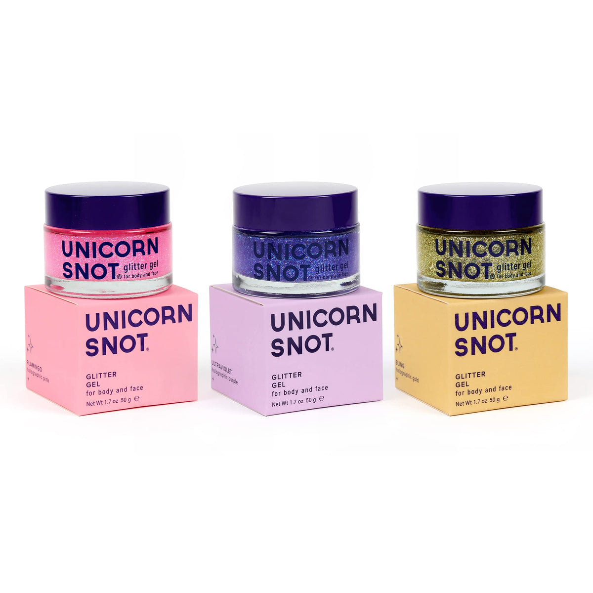 Gel pailleté holographique UNICORN SNOT en trois couleurs sur fond blanc
