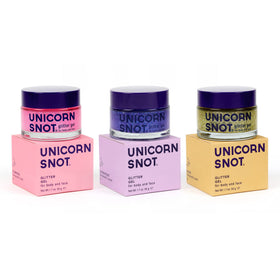 Gel pailleté holographique UNICORN SNOT en trois couleurs sur fond blanc