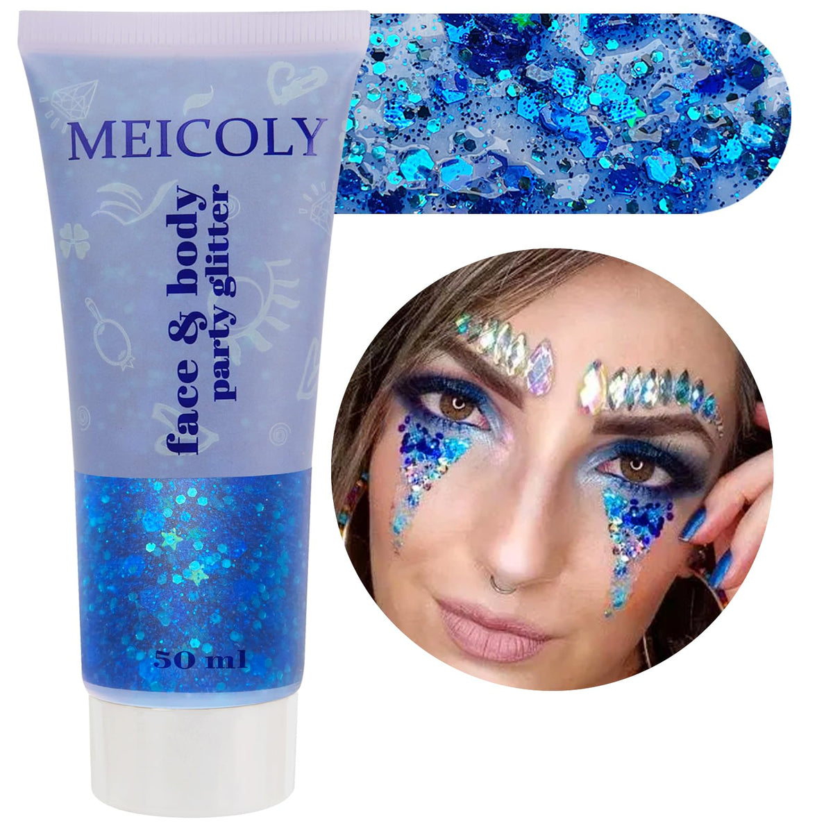 Gel paillettes holographiques MEICOLY 50ml, couleur bleue, vue de face