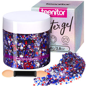 Gel paillettes Teenitor 80g rouge, blanc et bleu, vue de face