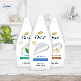 Gels douche Dove sur fond blanc avec présentation des senteurs