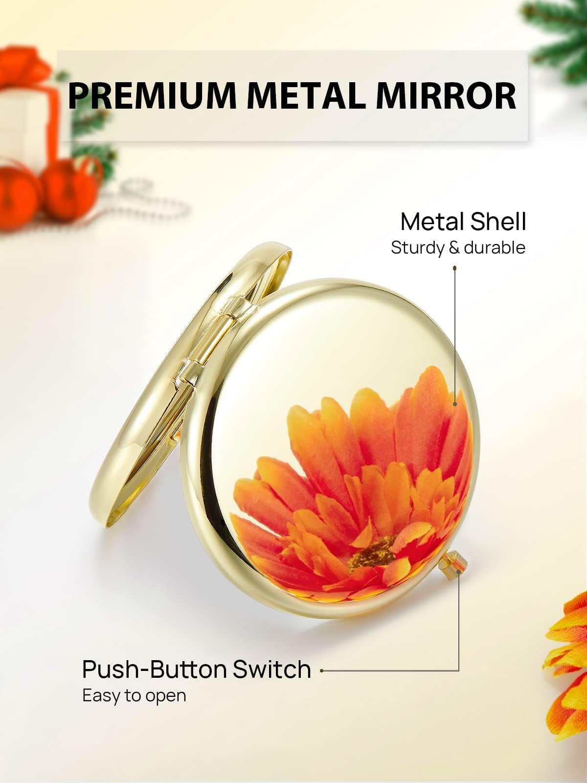 Getinbulk Miroir Compact Or sur une table de maquillage