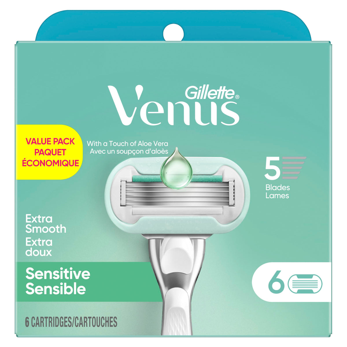 Gillette Venus Rasoir Femmes Extra Smooth Sensitive avec aloes sur l'emballage