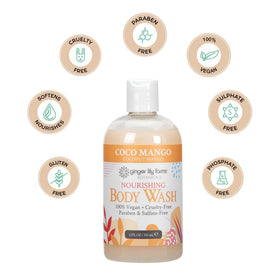 Ginger Lily Farms Gel Douche Coco Mangue sur un fond de fruits tropicaux