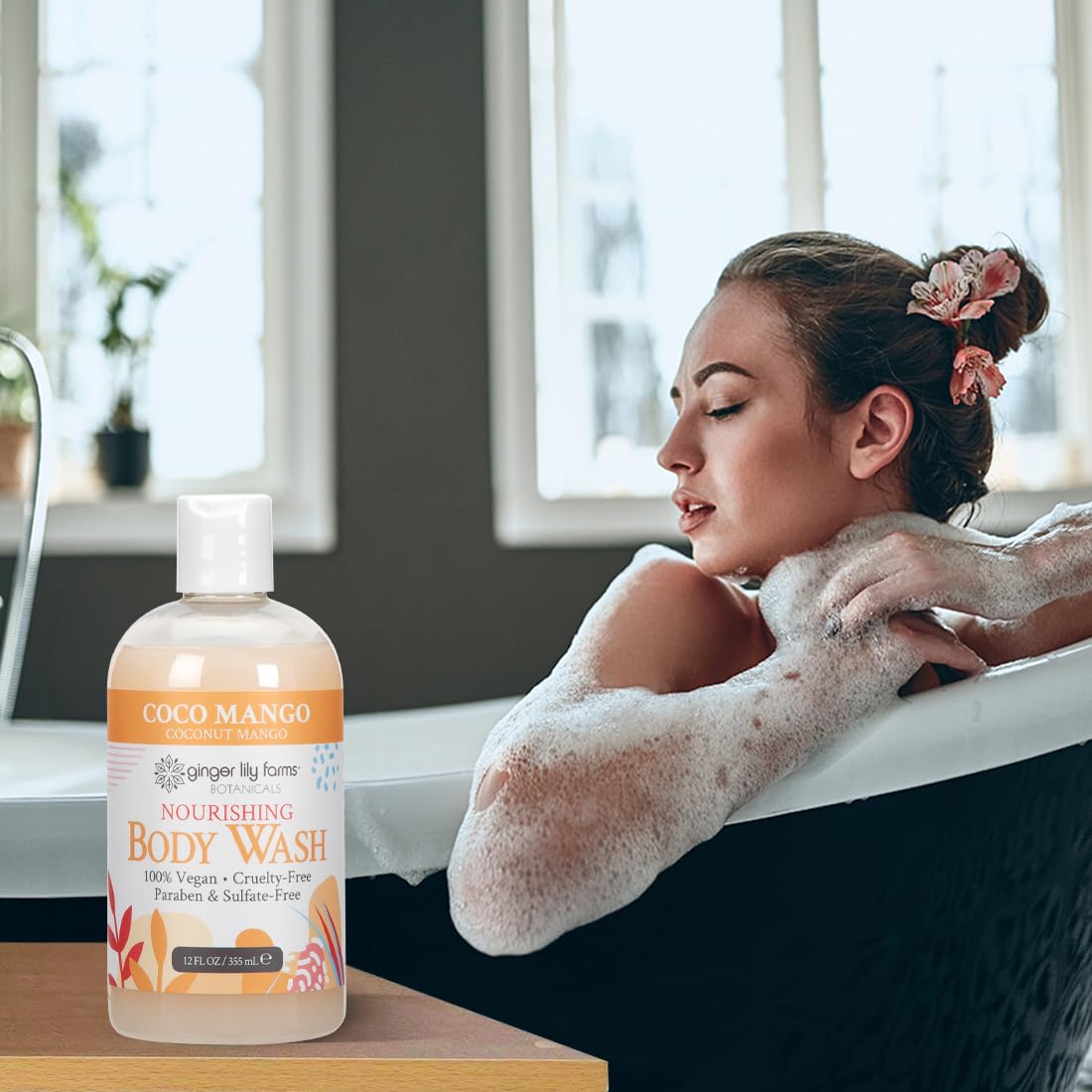 Ginger Lily Farms Gel Douche Coco Mangue, vue arrière avec ingrédients