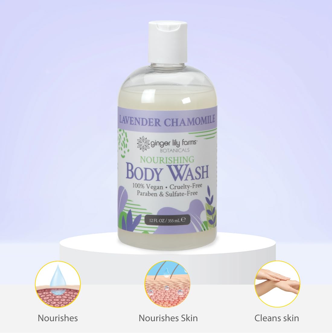Ginger Lily Farms gel douche Lavande Camomille sur un fond de spa