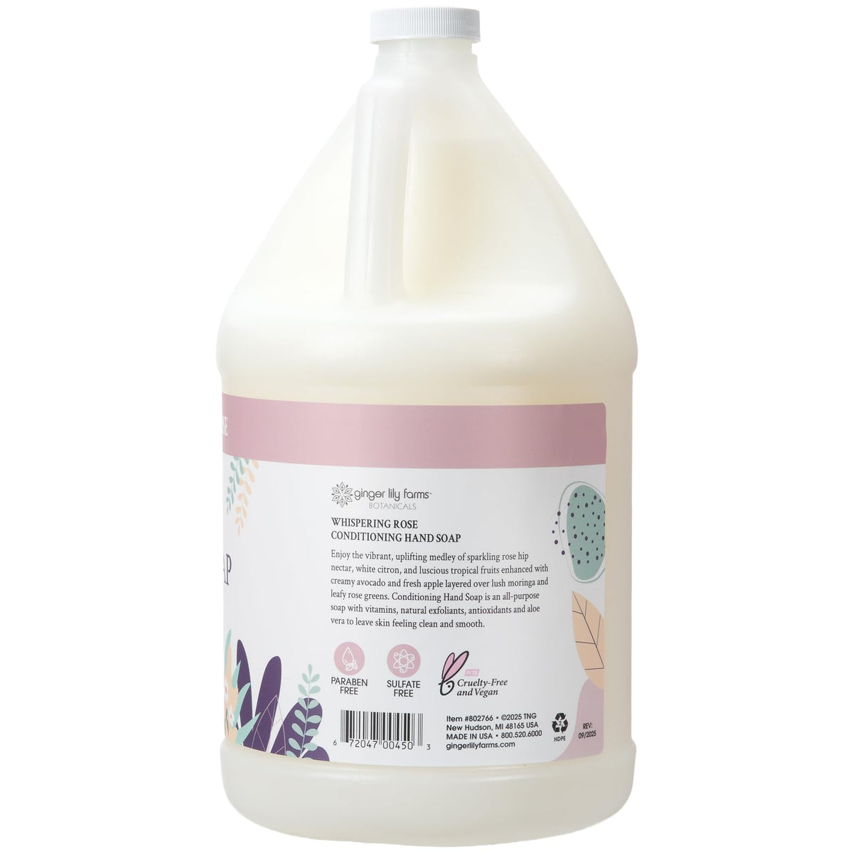 Ginger Lily Farms Savon Mains Conditionnant 1 Gallon étiquette avec parfum Rose Murmurante