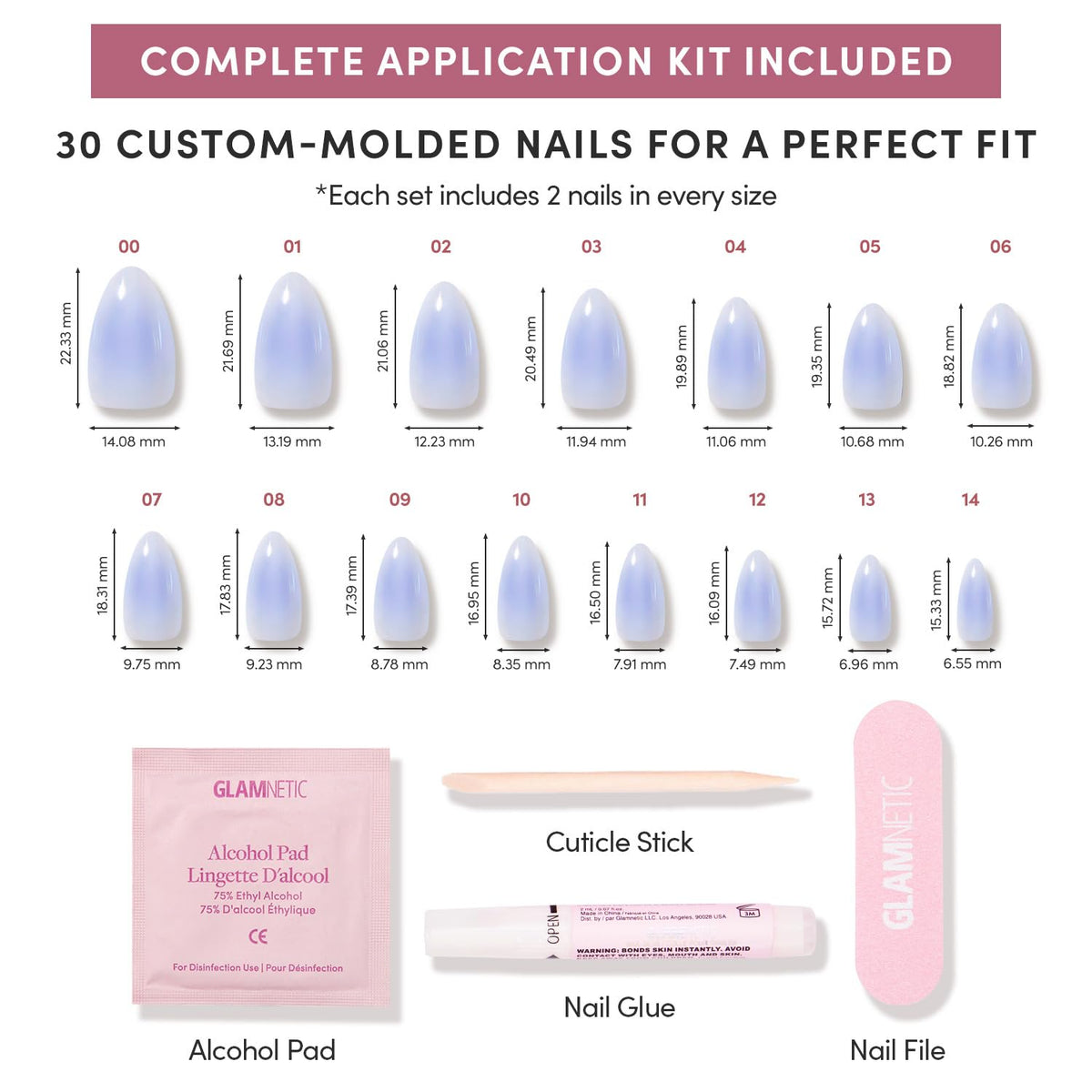 Glamnetic faux ongles avec bâton de cuticule et tampon d'alcool