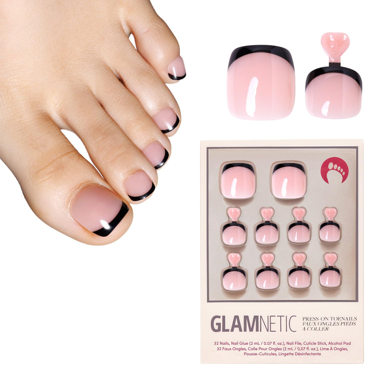 Glamnetic faux ongles pour pieds kit complet 32 pièces vue de face