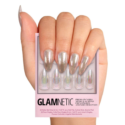 Glamnetic Faux Ongles Press-On Amande Moyenne, vue avant avec finition holographique