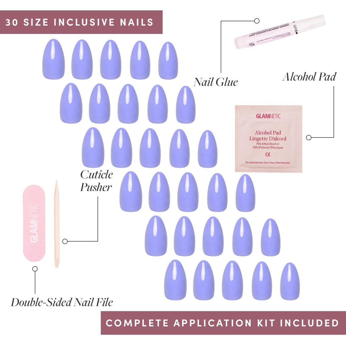 Glamnetic Faux Ongles Press-On Courts amande avec pad d'alcool