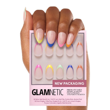 Glamnetic faux ongles press-on courts amande colorés, présentation du kit
