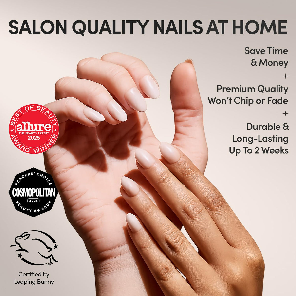 Glamnetic Faux Ongles Press-On Oval Courts couleur nude à blanc