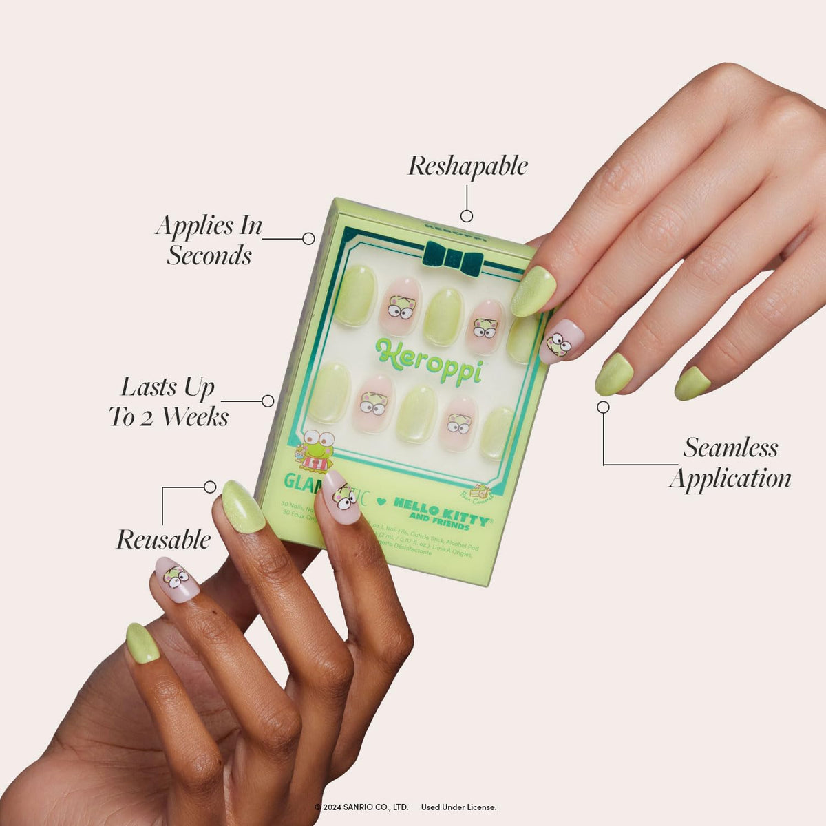 Glamnetic Keroppi Press-On Nails application avec accessoires inclus