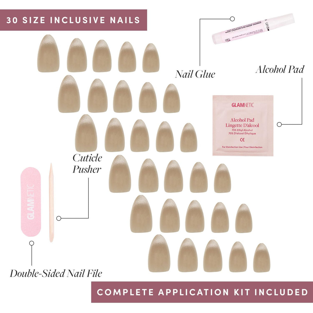 Glamnetic Press On Nails in different sizes laid out