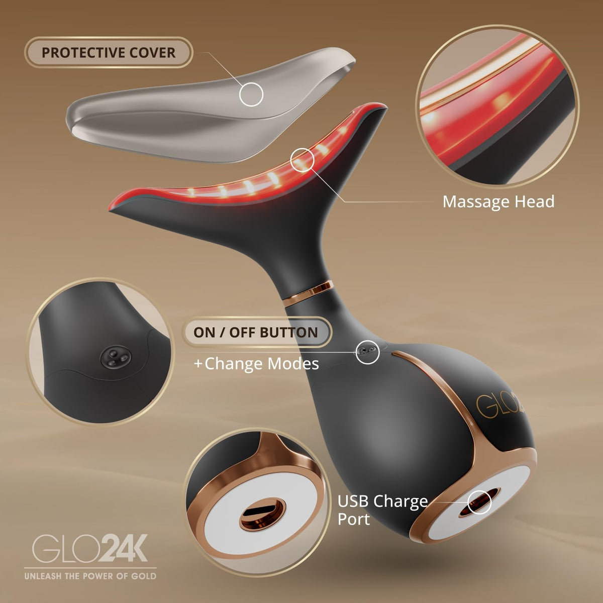 GLO24K Appareil de Massage avec son câble de chargement USB-C