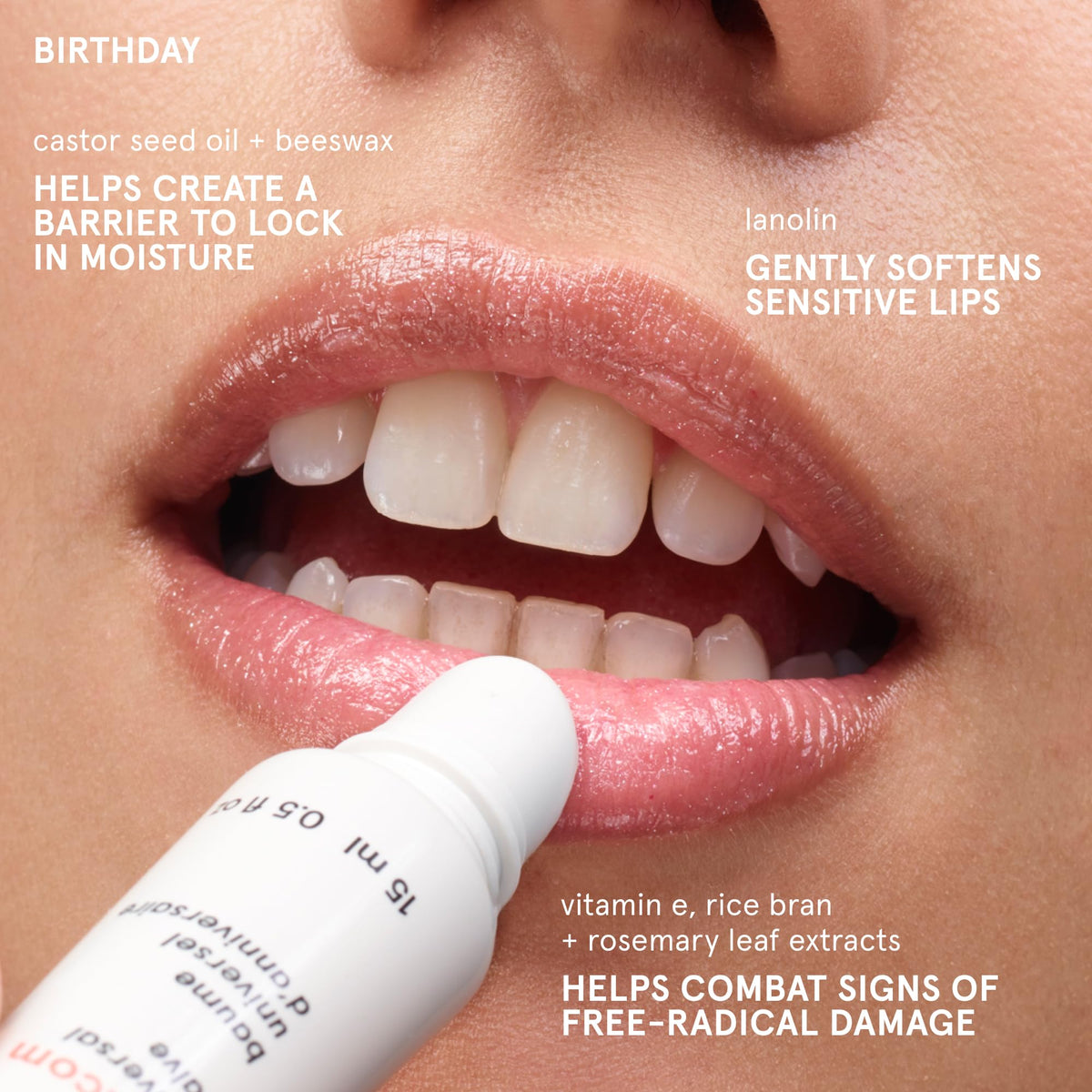 Glossier Balm Dotcom Birthday tube sur un fond blanc
