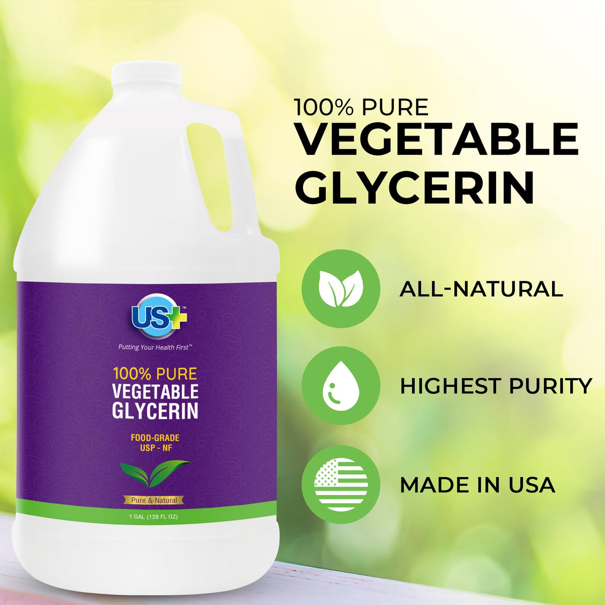 Glycérine Végétale US+ 3,78 L avec étiquette détaillée