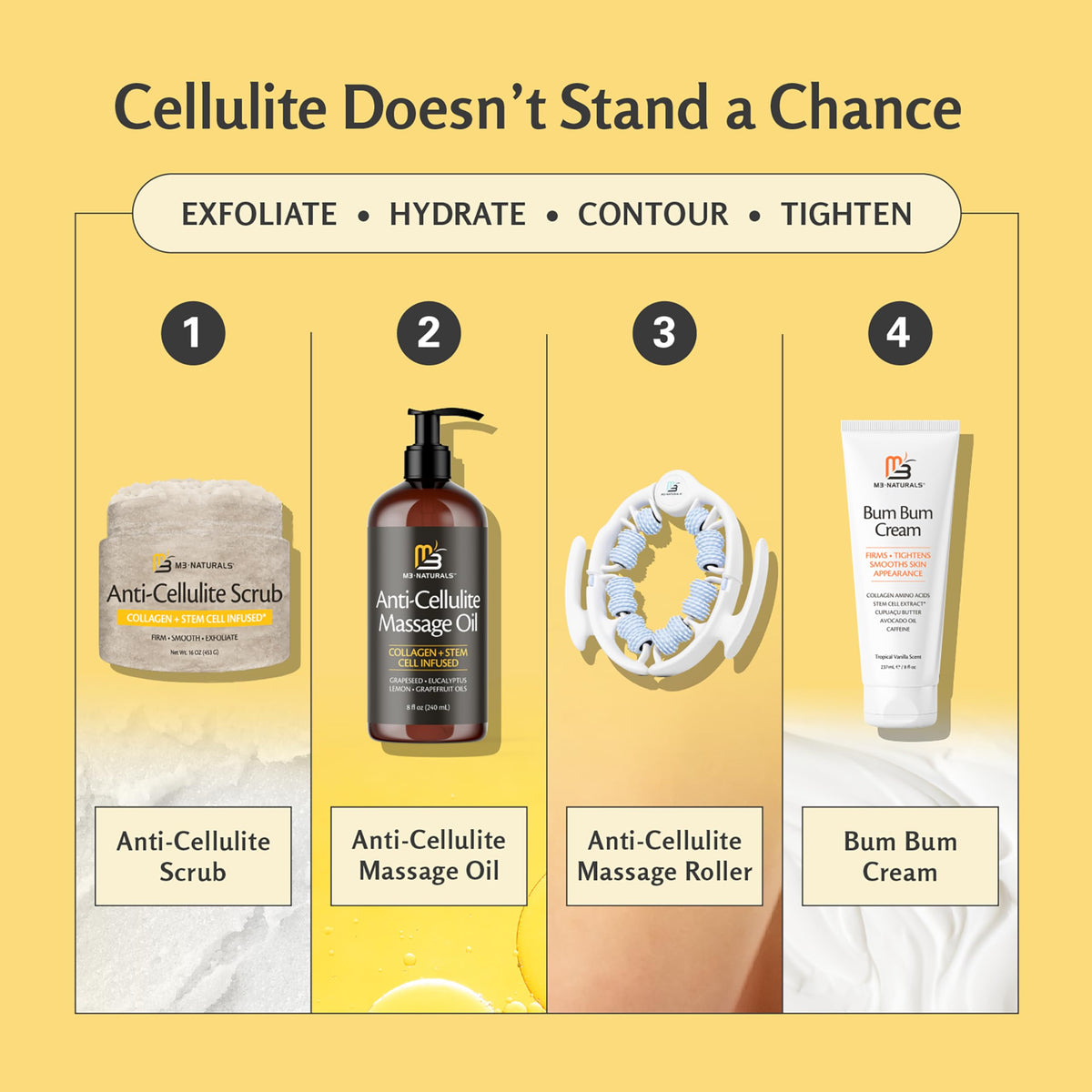 Gommage anti-cellulite M3 Naturals dans un environnement de salle de bain