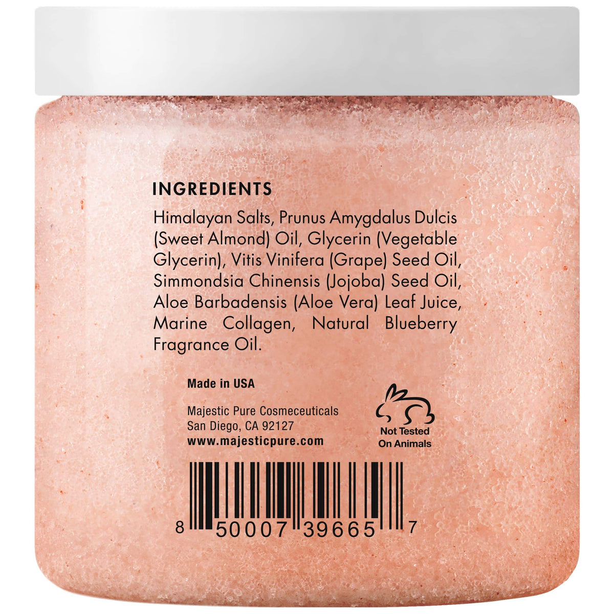 Gommage au sel rose de l'Himalaya Majestic Pure avec étiquette