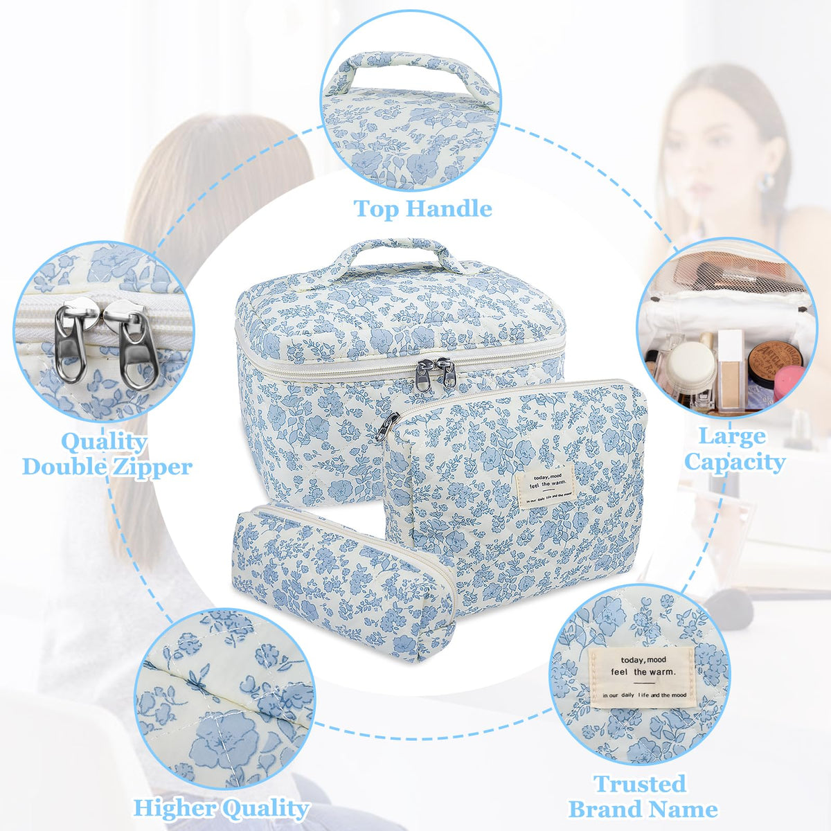 Gosect trousse de maquillage florale ouverte montrant les trois tailles