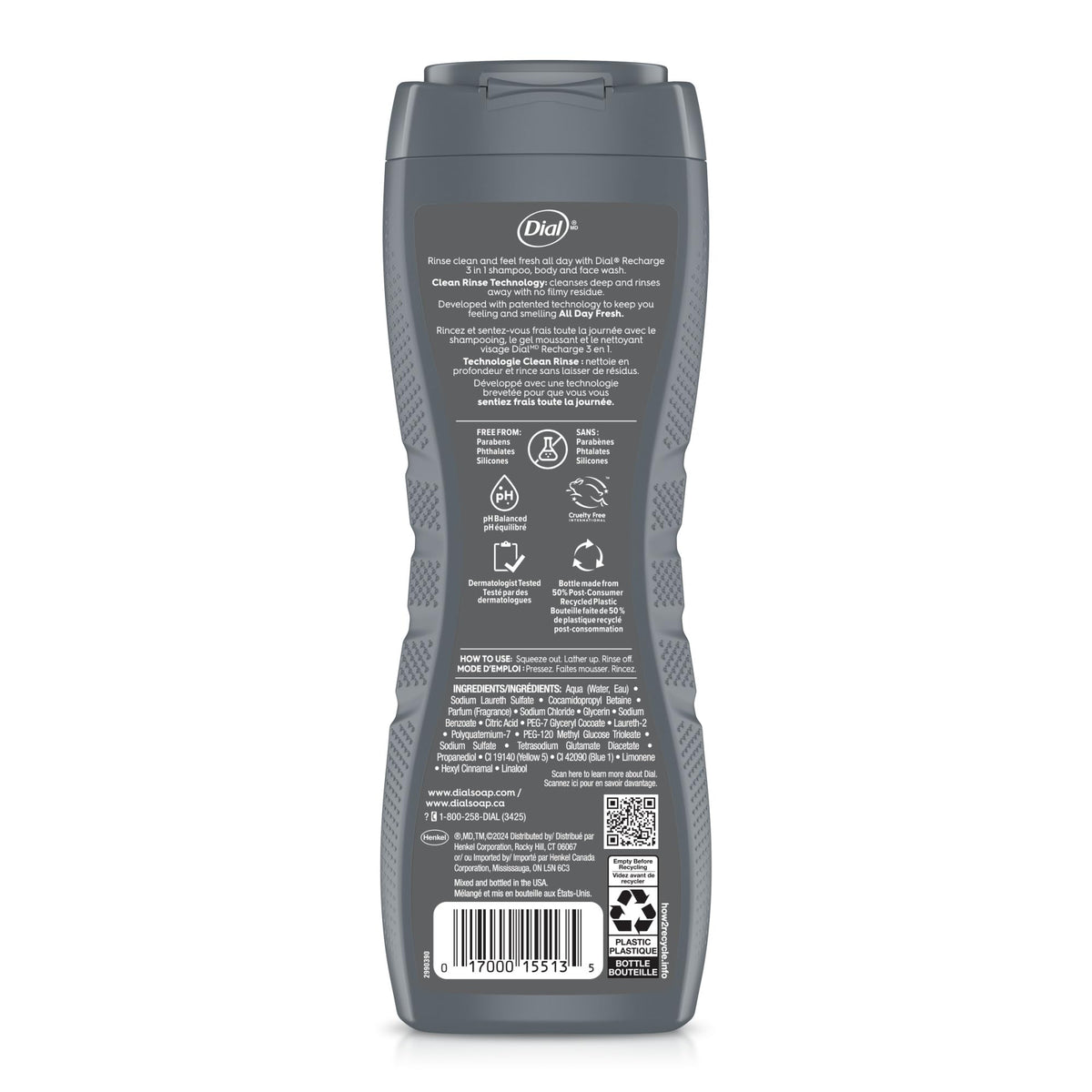Gros plan sur le bouchon du flacon de gel douche Dial 3 en 1