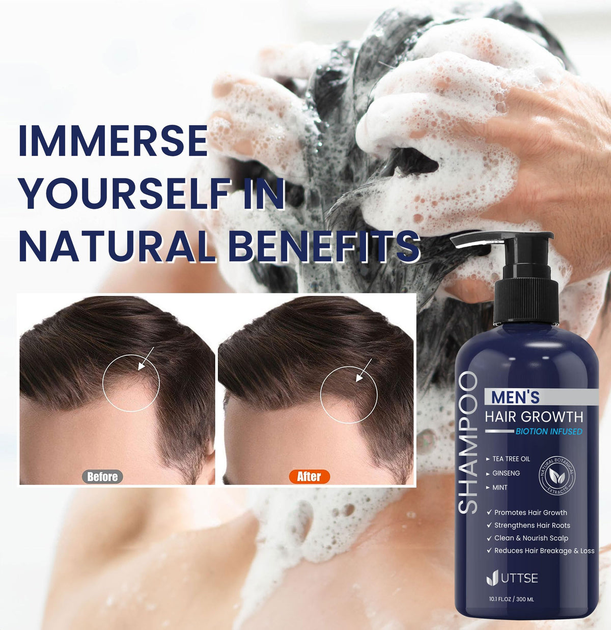 Gros plan sur le flacon de shampooing Uttse Biotin
