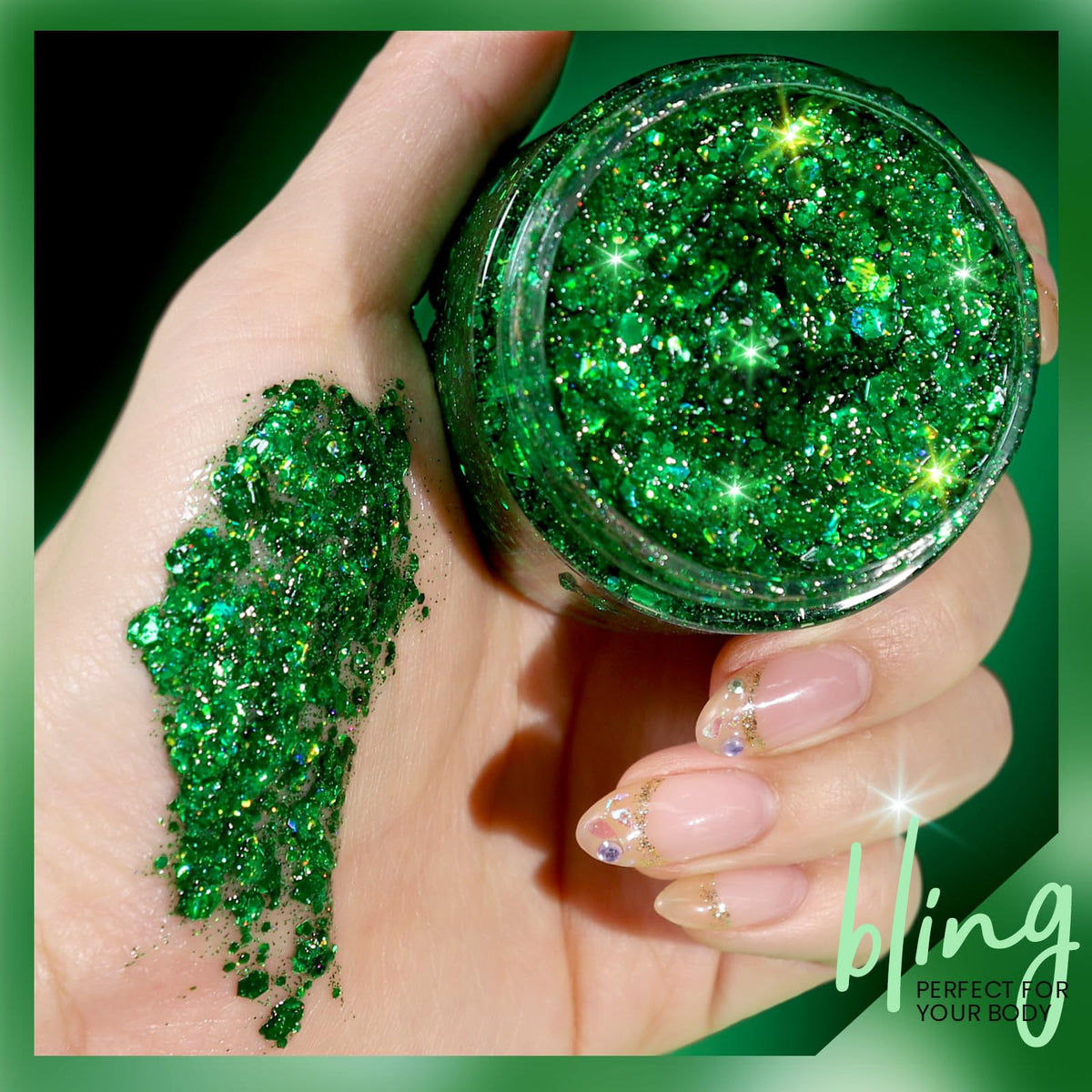 Gros plan sur le gel brillant vert Teenitor dans son flacon