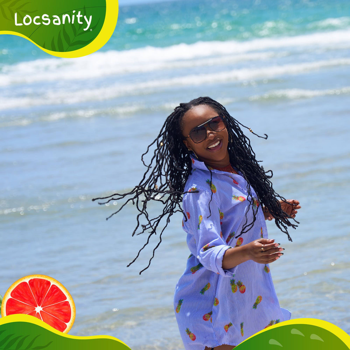 Gros plan sur le Locsanity Loc Conditioner et des fruits frais
