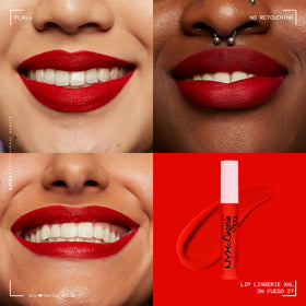 Gros plan sur le tube de NYX PROFESSIONAL MAKEUP Lip Lingerie XXL On Fuego couleur rouge