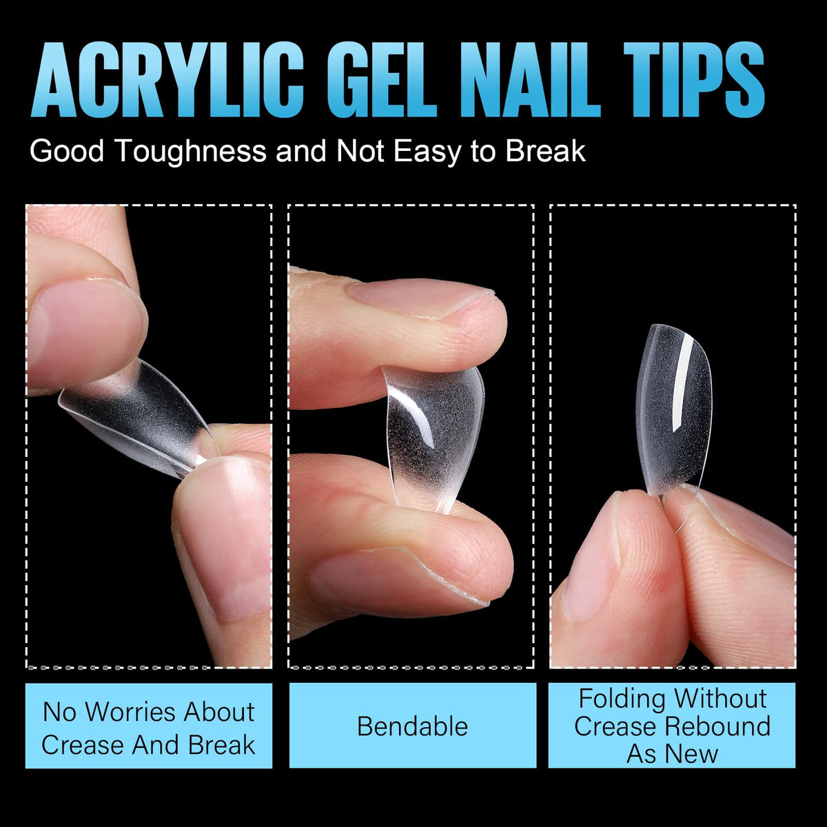 Gros plan sur les tips d'ongles amandes TOMICCA, mettant en avant leur finition