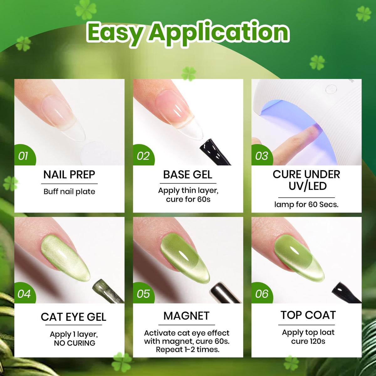 Gros plan sur un ongle avec le vernis gel Cat Eye vert de beetles