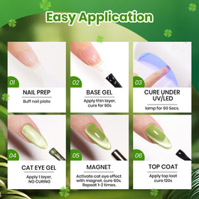 Gros plan sur un ongle avec le vernis gel Cat Eye vert de beetles