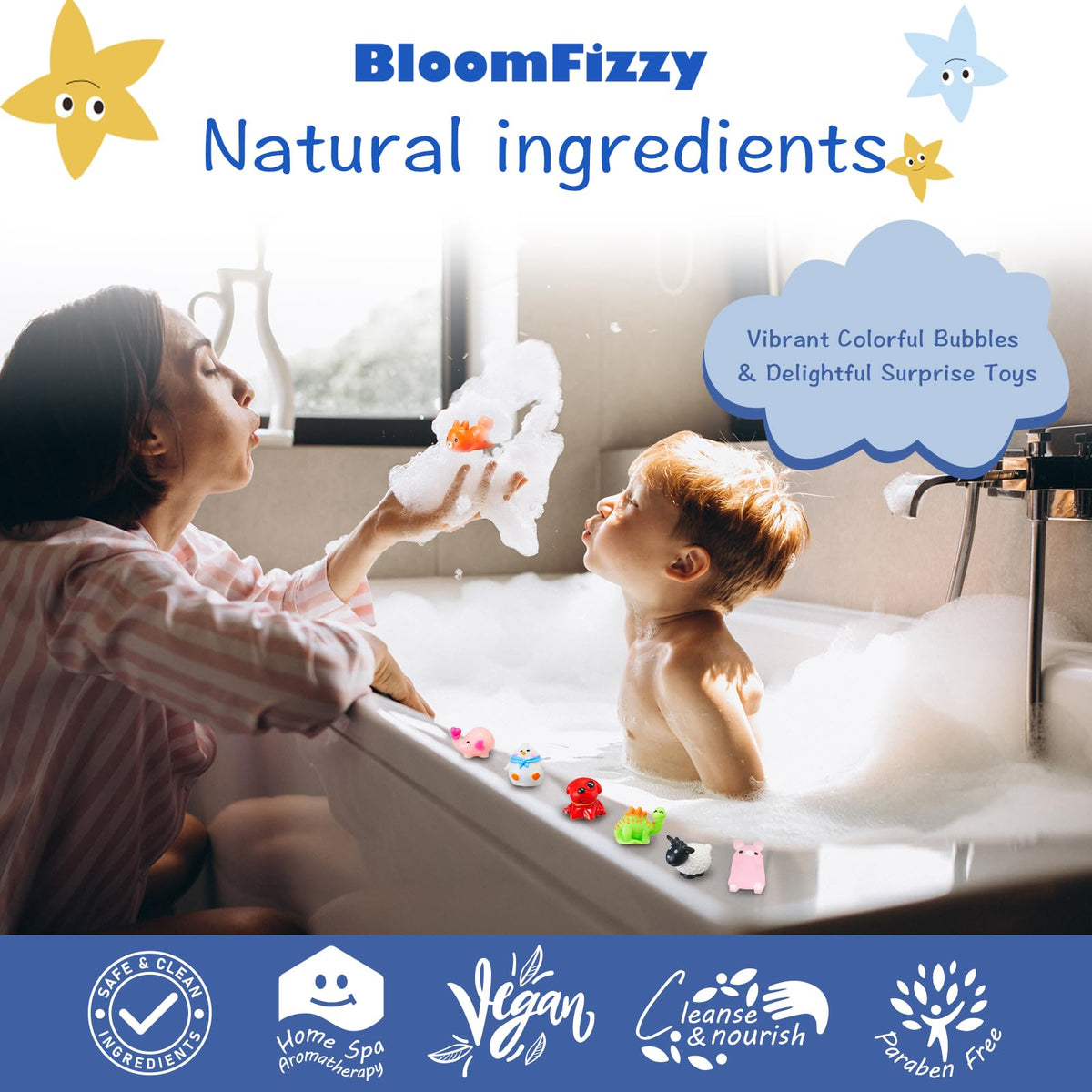 Gros plan sur une bombe de bain BloomFizzy avec des couleurs vives