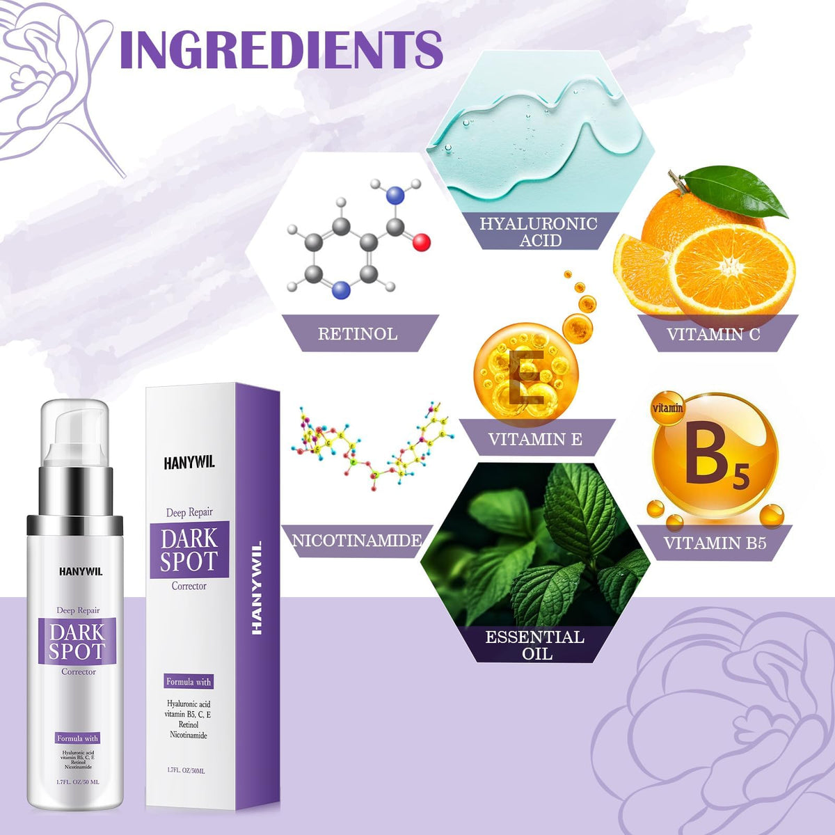 HANYWIL Sérum Éclaircissant Taches Sombres 2% Retinol 5% Niacinamide avec accessoires de soins