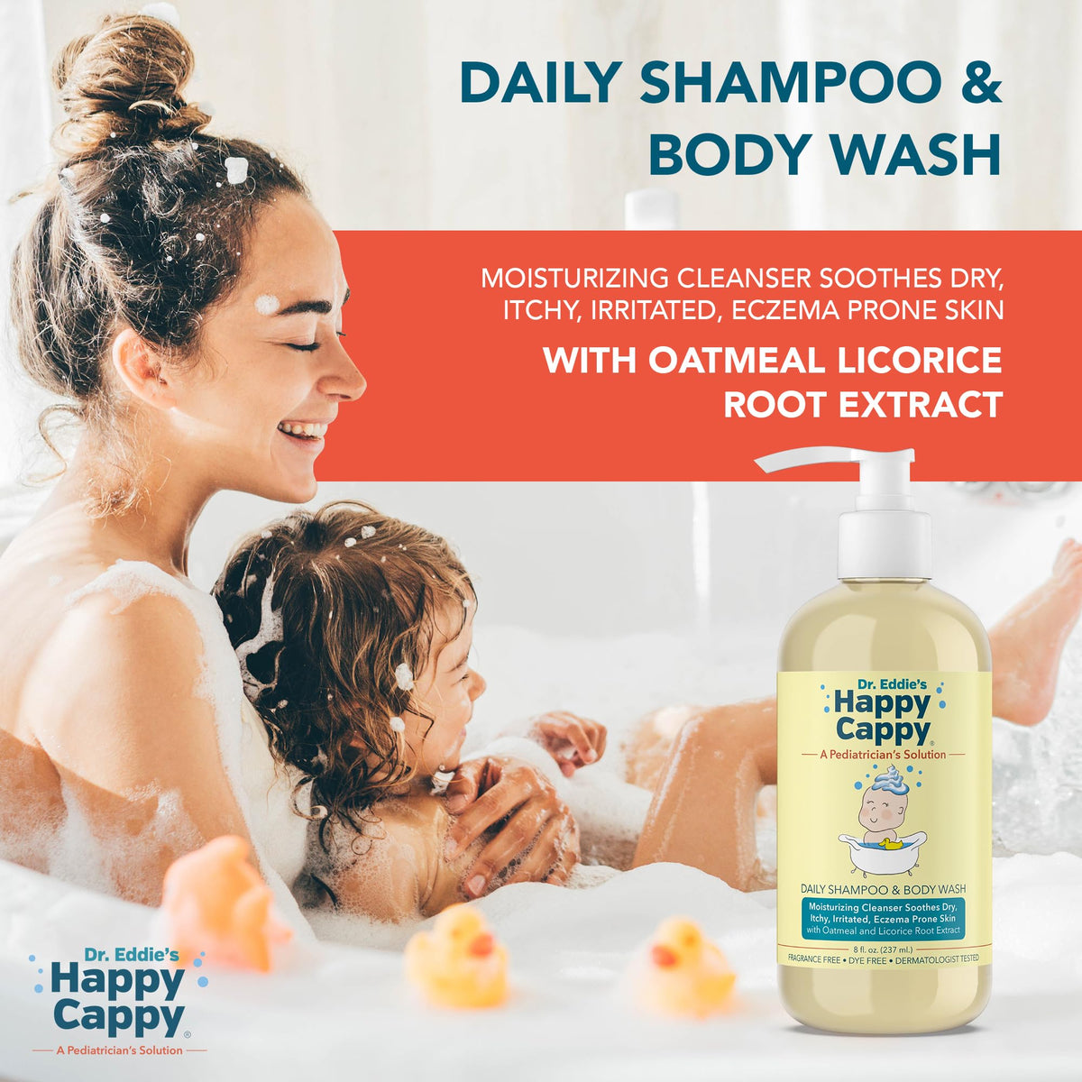 Happy Cappy shampooing et gel douche sur une étagère