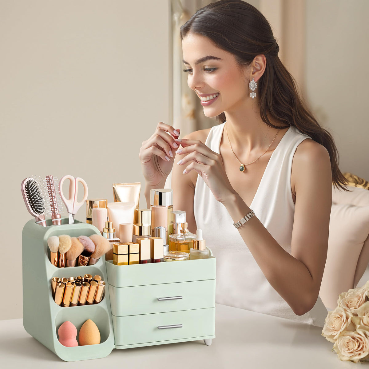 HBlife Organisateur de Maquillage vert en détail avec fentes pour pinceaux