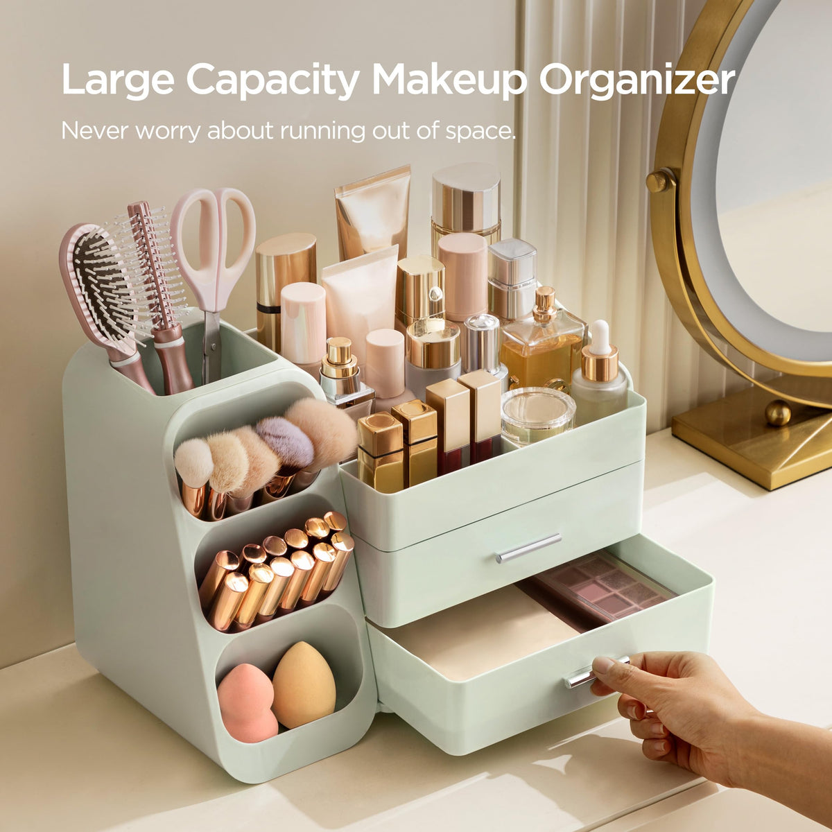 HBlife Organisateur de Maquillage vert sur une coiffeuse
