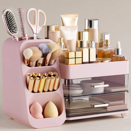 HBlife Organiseur de Maquillage rose avec compartiments et tiroirs