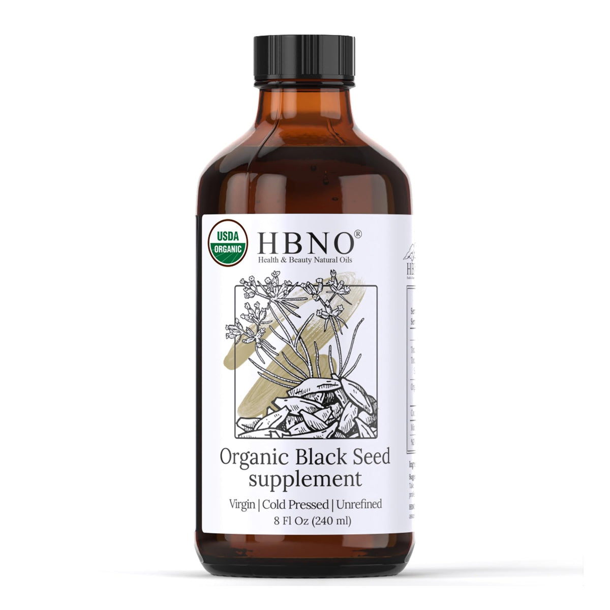 HBNO Huile de Nigelle Bio 240ml bouteille en verre vue de face