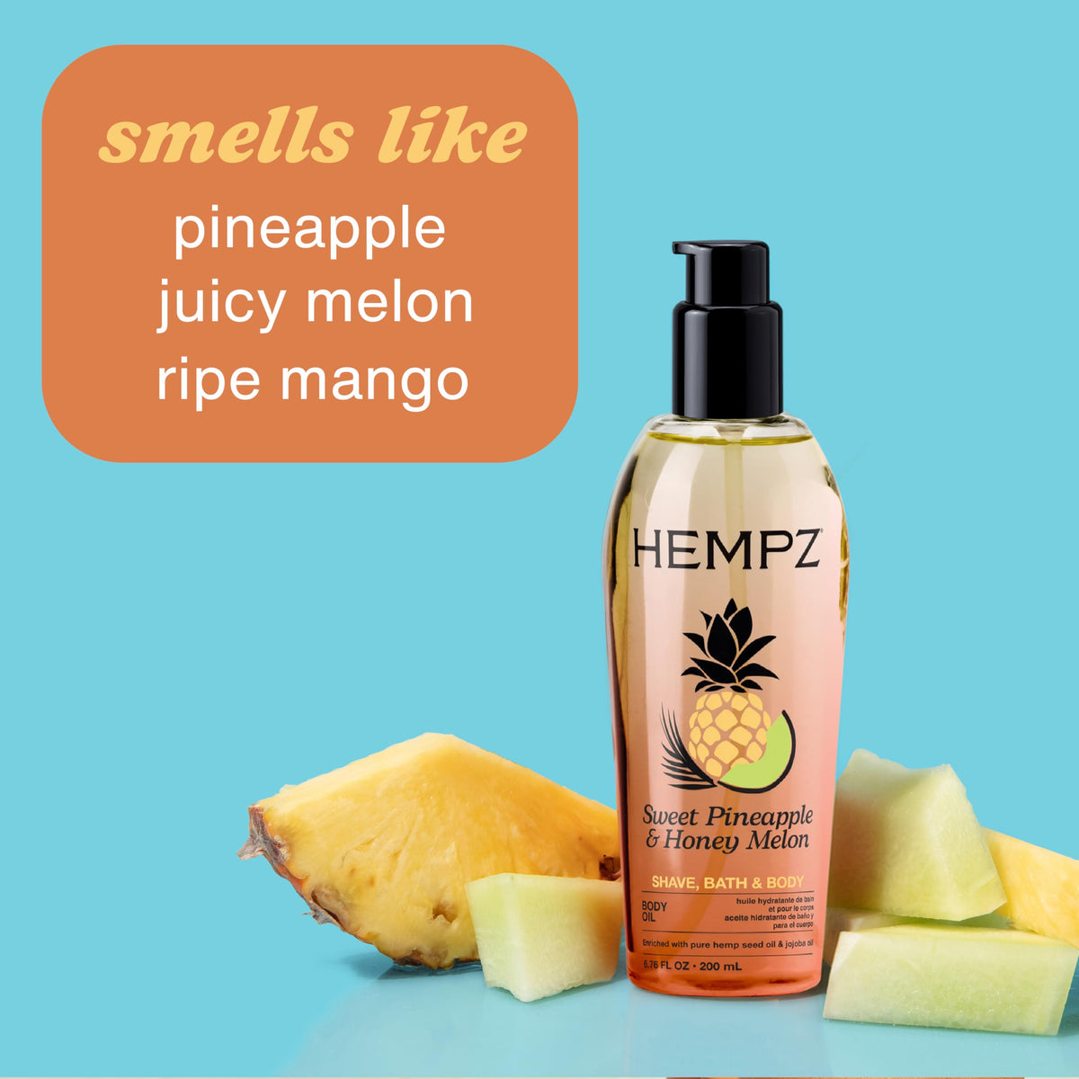 Hempz Huile Corporelle Ananas Doux & Melon Miel avec des ingrédients naturels en arrière-plan