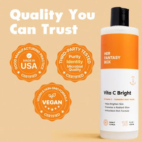 Her Fantasy Box Gel Douche Vita C Bright Turmeric 240 ml sur une étagère de salle de bain