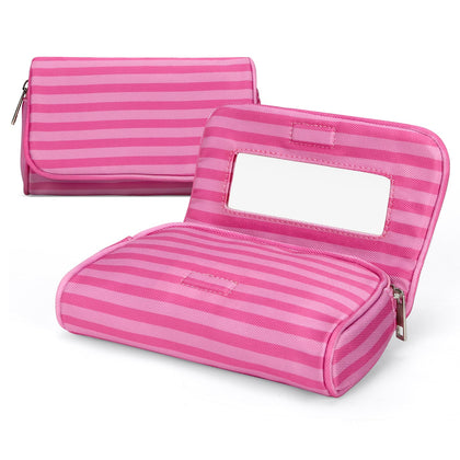 Hibilog trousse de maquillage en nylon rose à rayures avec miroir intégré
